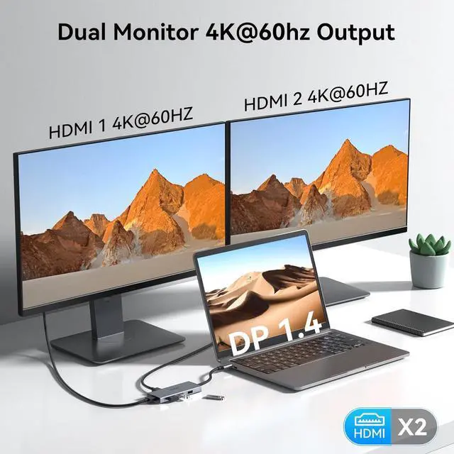 Alt view image 3 of 7 - Docking Station to Dual HDMI Monitors Adapter, USB C to Dual HDMI Adapter 4K 60 Hz for Laptops Docking Station Dual Monitor with PD, 3 USB Port Compatible for HP Elitebook,Dell XPS 13 15 etc