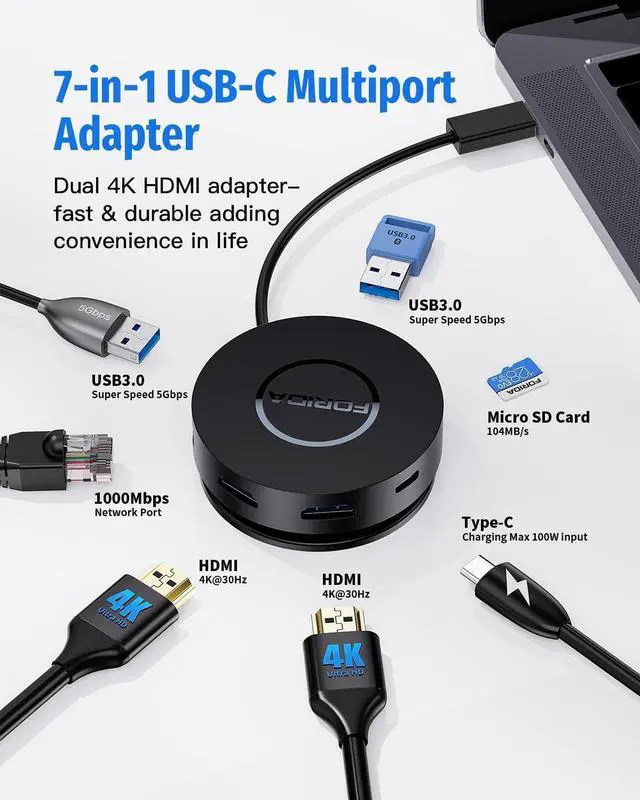 Alt view image 2 of 7 - USB C Docking Station Dual Monitor, FORIDA 7 Ports USB-C Multiport Adapter with 2 4K HDMI, 100W PD, Micro SD Card Reader, 2 USB 3.0, Gigabit Ethernet, Suit for MacBook/Dell/HP/Lenovo Laptops