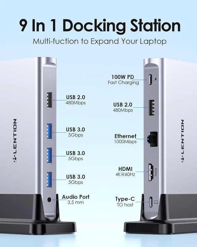 Alt view image 2 of 7 - LENTION USB C Docking with 4K@60Hz HDMI, USB 3.0/2.0, Gigabit Ethernet, 100W PD, Aux Adapter for 2023-2016 MacBook Pro/Mac Air/Surface/Steam Deck, More, Stable Driver Certified (CB-D53s, Silver)