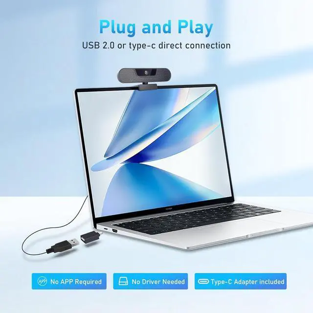 Alt view image 7 of 7 - 4K Webcam, Computer Camera with 4 Noise-canceling Microphones for Computer/Laptop/Mac, Privacy Cover and Tripod, Work with Video Conference, Live Streaming, Gaming, Video Calls, Zoom