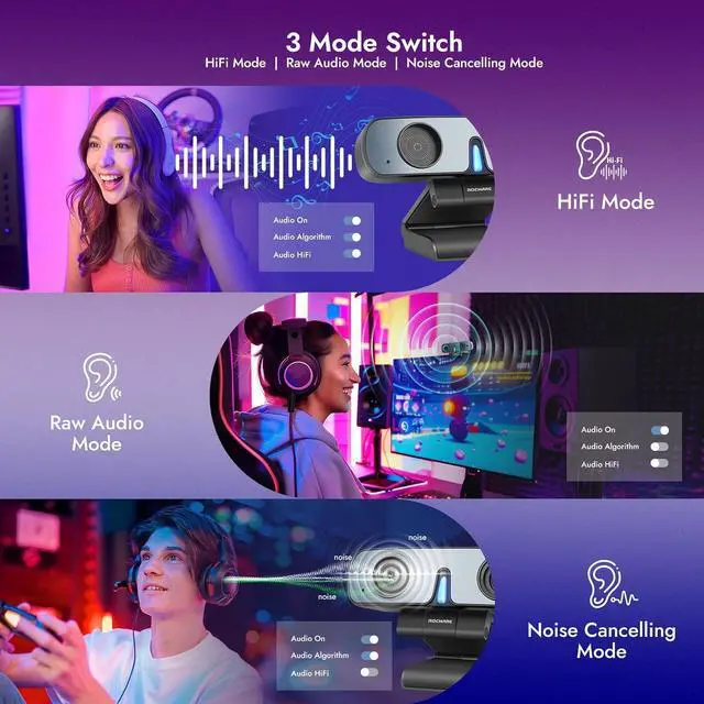 Alt view image 4 of 7 - ROCWARE RC28 Webcam with Cardioid & Omnidirectional Microphone | HiFi Mode for Studio-Quality Audio, AI Noise Cancellation & Raw Audio Modes | 1080P 60FPS Web Cam for Streaming/Meetings/Beginners