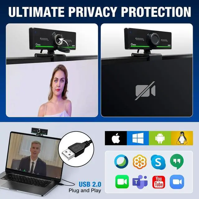 Alt view image 5 of 7 - Webcam with Headset and Microphone, 1080P Webcam with Privacy Cover, Plug and Play Web Camera for Desktop Computer Zoom Meetings, Audio Bluetooth only for Headset