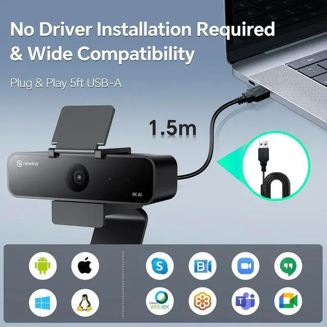 Alt view image 7 of 7 - N newline 4K Webcam with Microphone, AI Presenter Tracking, Gesture Control, 95°/78°/65° FOV, Plug & Play, PC Camera with Privacy Cover for Laptop, Zoom, Teams