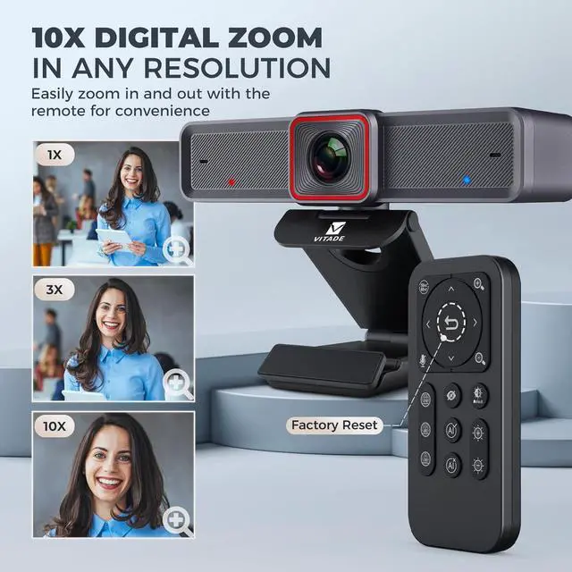 Alt view image 4 of 7 - 4K Webcam with AI-Powered Framing,Remote Control Web Camera/10X Digital Zoom 4k 30fps Web cam with USB 3.0 HDR/Dual Noise Cancelling Microphones for PC Mac, Streaming, Video Call, Zoom, Skype