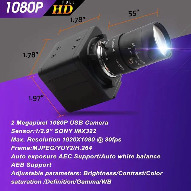 Alt view image 5 of 7 - 1080P Webcam 5-50mm Varifocal Lens USB Camera HD 2MP 0.01Lux Low Illumination IMX322/IMX323 Sensor Industrial Camera H.264 Webcamera PC Webcam for Raspberry PI Windows Android Linux MAC