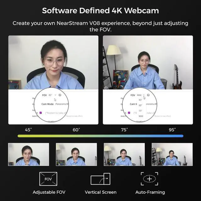 Alt view image 7 of 7 - 4K Webcam for PC, HDR 1080P 60FPS Streaming Webcam with Noise Canceling Mic, Software Control, 45°-95°Adjustable FOV, Auto Focus, AI Framing, Works with Google Meet/Zoom/Skype (V08AF)