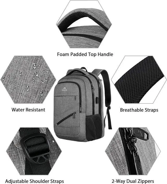 Alt view image 6 of 7 - Travel Laptop Backpack 17 Inch Business Flight Approved Carry on Backpack TSA Large Computer Bag for Men Women with USB Port and Trolley Sleeve College School Tactical Book Bag Grey
