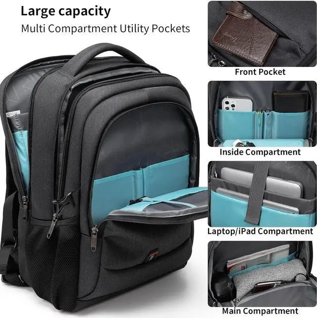 Alt view image 2 of 7 - DUSLANG 17 Inch Laptop Backpack for Travel Water Resistant College Backpack for Men/Women Laptop Bag with USB Charging Port,Black