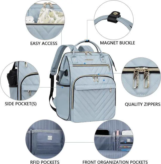 Alt view image 4 of 6 - VANKEAN 17 Inch Laptop Backpack for Women Men Fashion Computer Work Bag, Large Capacity Waterproof, with USB Port & RFID Pockets, College Daypack Business Travel Backpack, Light Blue
