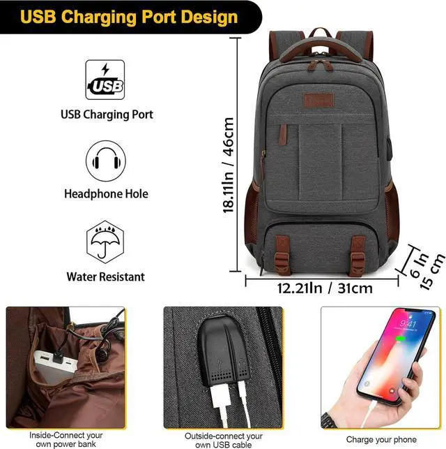 Alt view image 2 of 6 - Tzowla Canvas Laptop Backpack,Bag for Men Women,Travel Work Rucksack Fits 15.6 Inch Laptop, Bookbag with USB Charging Port-Dark Grey