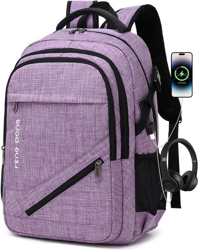 Main image of FENGDONG Large Laptop Backpack 17.3 inch Durable Waterproof Travel College Backpack Bookbag for Men & Women Business Backpack with USB Charging Port and Headset Port Light Purple