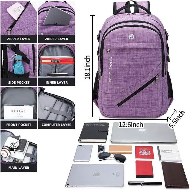Alt view image 2 of 5 - FENGDONG Large Laptop Backpack 17.3 inch Durable Waterproof Travel College Backpack Bookbag for Men & Women Business Backpack with USB Charging Port and Headset Port Light Purple