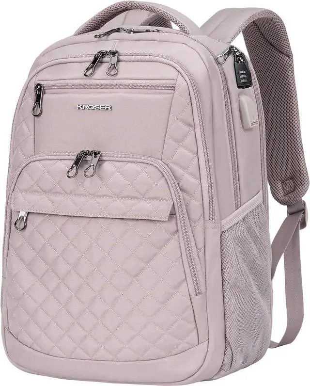Main image of KROSER Travel Laptop Backpack 17 Inch Large Computer Backpack Water-Repellent Daypack with USB Charging Port & Headphone Interface RFID Pockets for Work/Business/College/Men/Women Dusty Pink(Quilted)