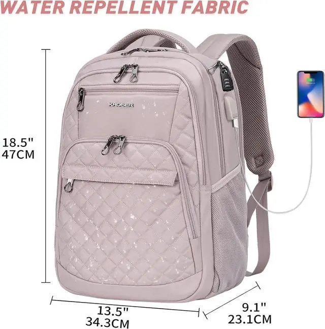 Alt view image 5 of 7 - KROSER Travel Laptop Backpack 17 Inch Large Computer Backpack Water-Repellent Daypack with USB Charging Port & Headphone Interface RFID Pockets for Work/Business/College/Men/Women Dusty Pink(Quilted)
