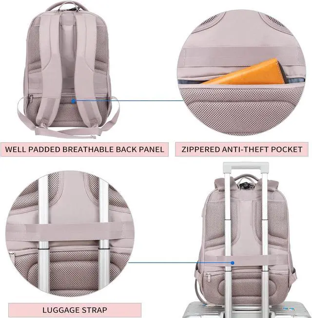 Alt view image 6 of 7 - KROSER Travel Laptop Backpack 17 Inch Large Computer Backpack Water-Repellent Daypack with USB Charging Port & Headphone Interface RFID Pockets for Work/Business/College/Men/Women Dusty Pink(Quilted)