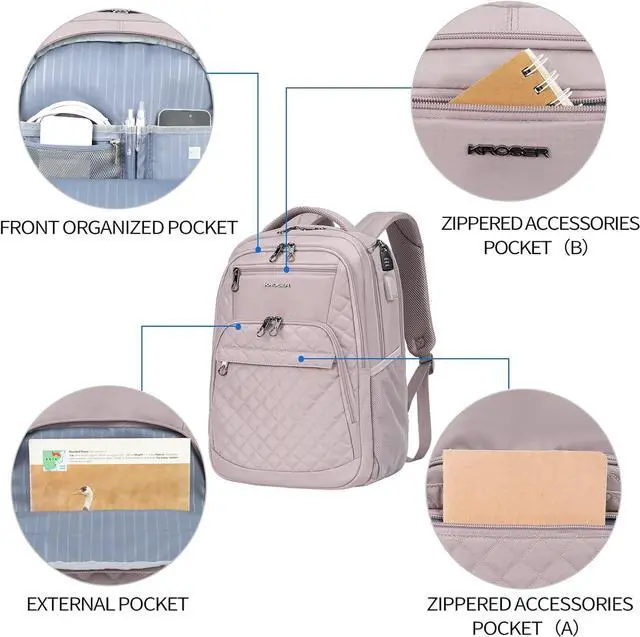 Alt view image 2 of 7 - KROSER Travel Laptop Backpack 17 Inch Large Computer Backpack Water-Repellent Daypack with USB Charging Port & Headphone Interface RFID Pockets for Work/Business/College/Men/Women Dusty Pink(Quilted)