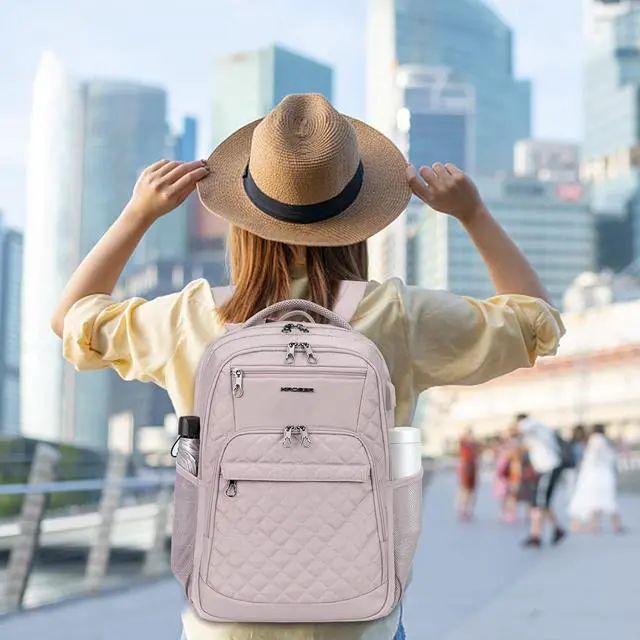 Alt view image 7 of 7 - KROSER Travel Laptop Backpack 17 Inch Large Computer Backpack Water-Repellent Daypack with USB Charging Port & Headphone Interface RFID Pockets for Work/Business/College/Men/Women Dusty Pink(Quilted)