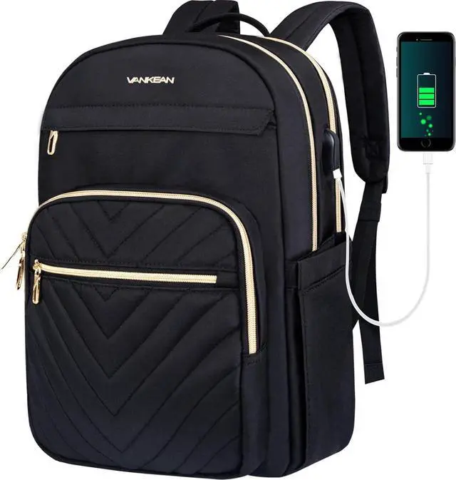 Main image of VANKEAN 15.6 Inch Laptop Backpack for Women Men Work Bag Fashion with USB Port, Waterproof Backpacks Nurse Stylish Travel Bags Casual Daypacks for College, Business, Black