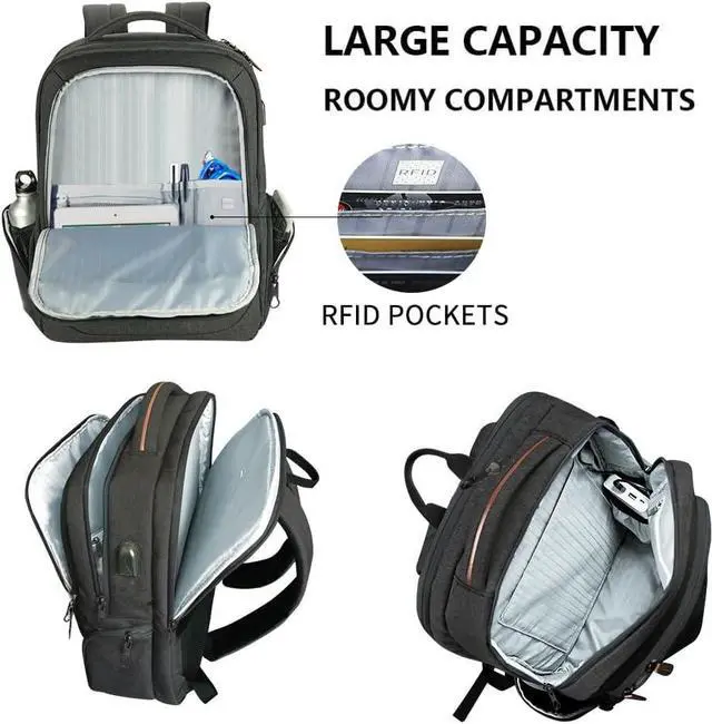 Alt view image 5 of 7 - KROSER Laptop Backpack Large Computer Backpack Fits up to 17.3 Inch Laptop with USB Charging Port Water-Repellent Travel Backpack Casual Daypack for Business/College/Women/Men-Charcoal Black