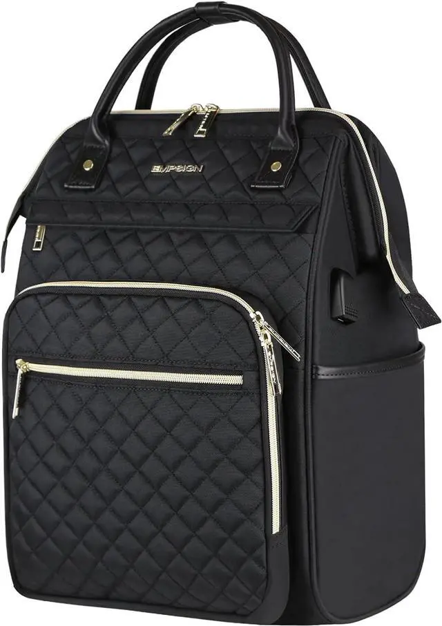 Main image of EMPSIGN 17 Inch Laptop Backpack for Women, Work Business Travel Computer College Bags, Large Capacity Water-repellent Quilted Casual Daypack with USB Port, Black