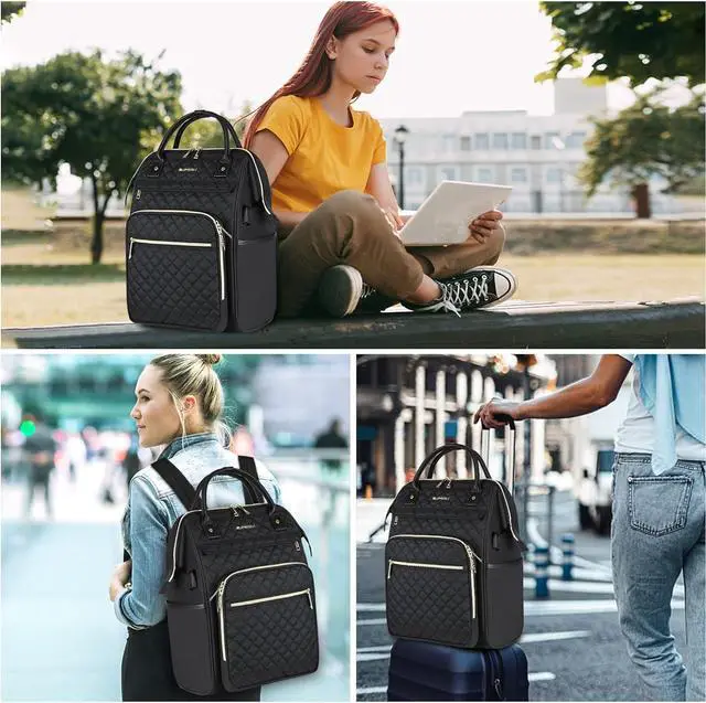 Alt view image 7 of 7 - EMPSIGN 17 Inch Laptop Backpack for Women, Work Business Travel Computer College Bags, Large Capacity Water-repellent Quilted Casual Daypack with USB Port, Black