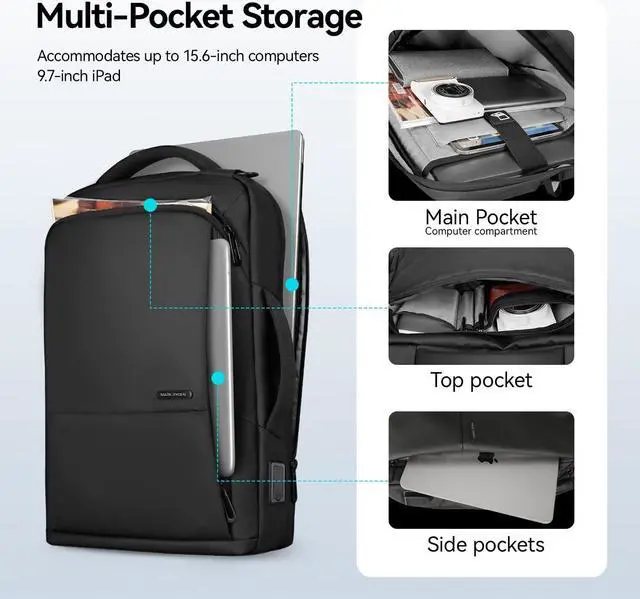Alt view image 2 of 6 - Muzee 3in1 Slim Business Backpack Laptop Backpack For Men with Executive Briefcase Casual Daypack Fits 15.6 Inch Laptop USB Port Black