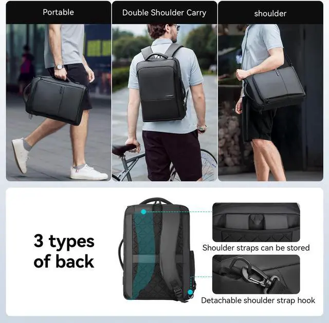 Alt view image 3 of 6 - Muzee 3in1 Slim Business Backpack Laptop Backpack For Men with Executive Briefcase Casual Daypack Fits 15.6 Inch Laptop USB Port Black