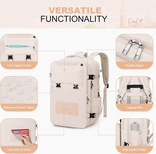 Alt view image 6 of 7 - Maelstrom Travel Backpack for Women Men,35L Laptop Backpack Fits 17-Inch Laptop,Waterproof Carry On Backpack for Airplanes with Detachable Crossbody Bag&Shoe Compartment,Beige, Large