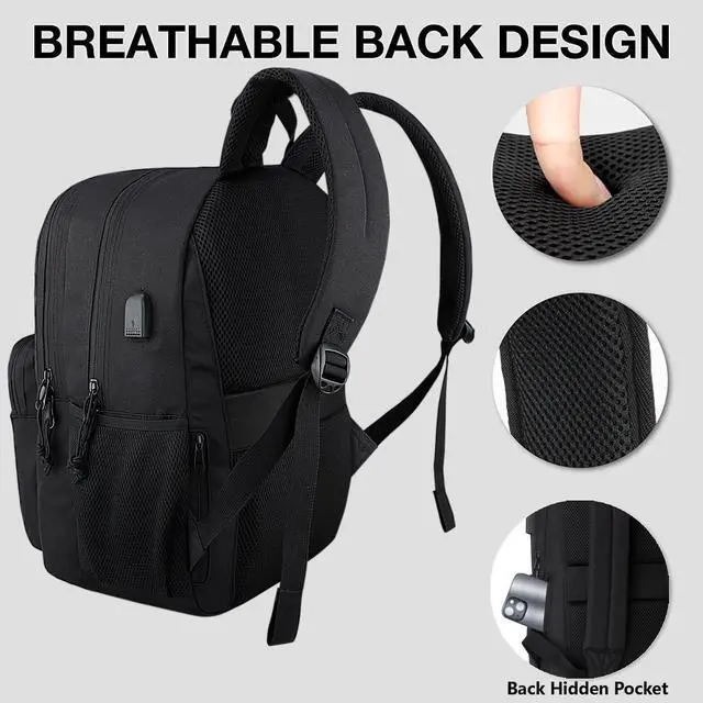 Alt view image 4 of 7 - KEOFID Travel backpack for Men and Women, Anti Theft Laptop Backpack with USB Charging Port for Work, Large Bag for College, BLACK BOOK BAG FOR BOYS, GILRS Backpack,Water Resistent(Black)