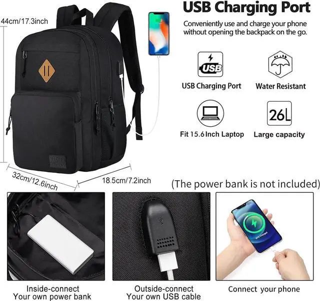 Alt view image 2 of 7 - KEOFID Travel backpack for Men and Women, Anti Theft Laptop Backpack with USB Charging Port for Work, Large Bag for College, BLACK BOOK BAG FOR BOYS, GILRS Backpack,Water Resistent(Black)