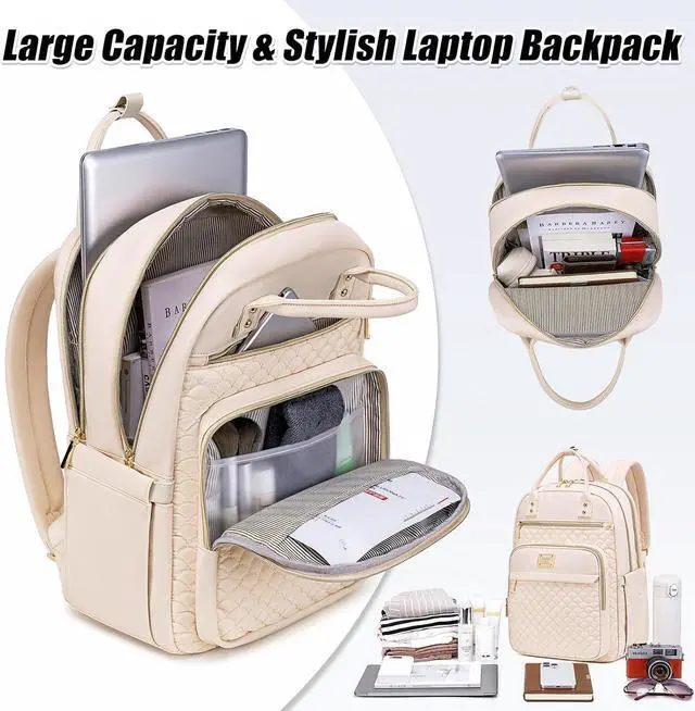 Alt view image 3 of 7 - Laptop Backpack for Women,15.6 Inch Laptop Backpack for Work,Water Resistant Travel Backpack,College Bookbag with Wallet (Beige)