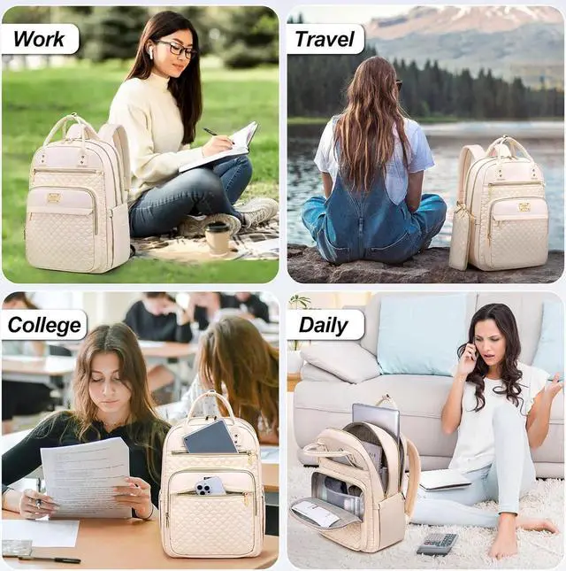 Alt view image 6 of 7 - Laptop Backpack for Women,15.6 Inch Laptop Backpack for Work,Water Resistant Travel Backpack,College Bookbag with Wallet (Beige)