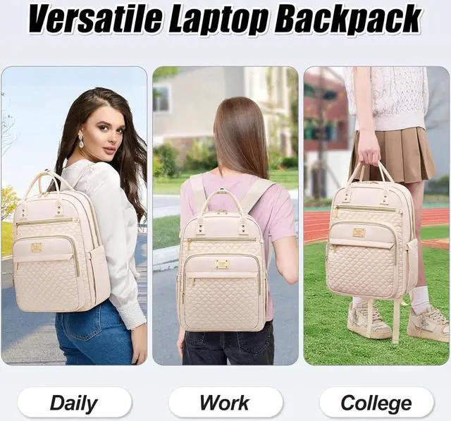 Alt view image 7 of 7 - Laptop Backpack for Women,15.6 Inch Laptop Backpack for Work,Water Resistant Travel Backpack,College Bookbag with Wallet (Beige)