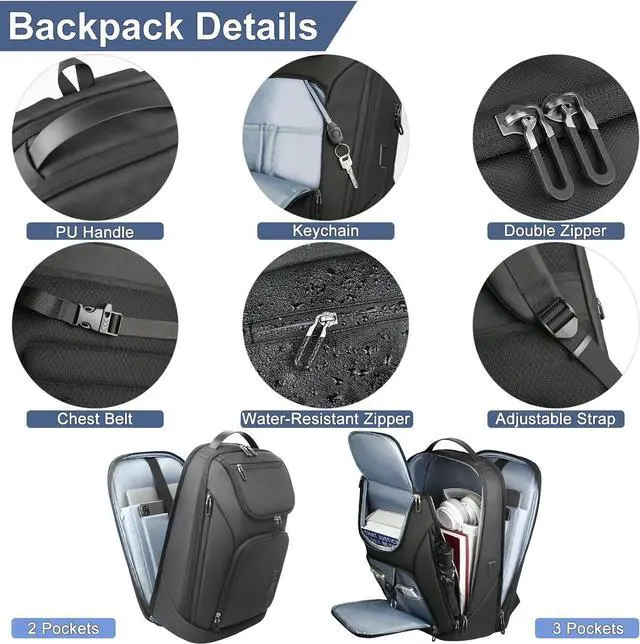 Alt view image 5 of 7 - hk Business Smart Backpack for Men Anti-Theft for 17.3 Inch Laptop with USB Charging Port Water-Resistant Large Durable Compact 30L for Travel College Work-Black