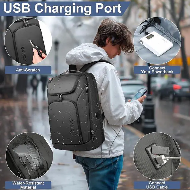 Alt view image 6 of 7 - hk Business Smart Backpack for Men Anti-Theft for 17.3 Inch Laptop with USB Charging Port Water-Resistant Large Durable Compact 30L for Travel College Work-Black