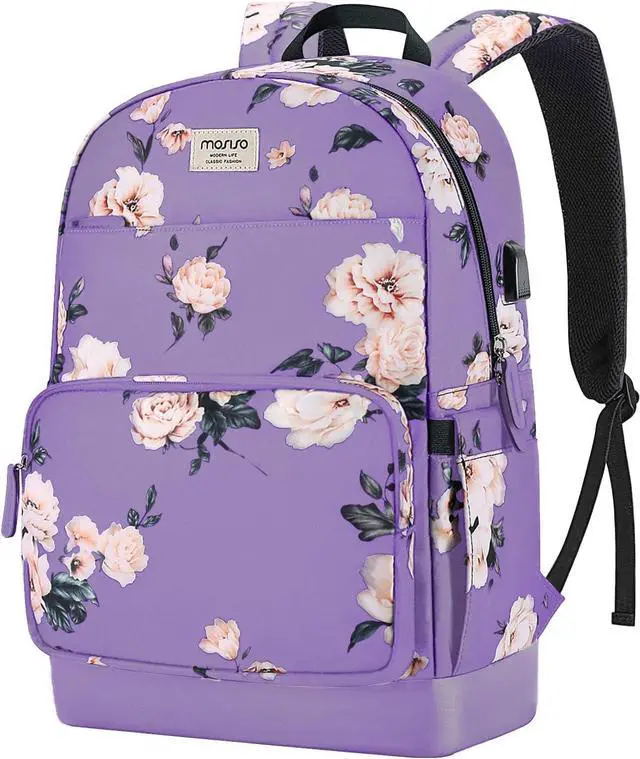 Main image of MOSISO 15.6-16 inch Laptop Backpack for Women, Polyester Anti-Theft Stylish Casual Daypack Bag with Luggage Strap & USB Charging Port, Camellia Travel Backpack, Purple