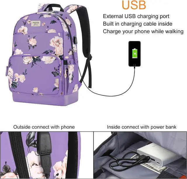 Alt view image 2 of 7 - MOSISO 15.6-16 inch Laptop Backpack for Women, Polyester Anti-Theft Stylish Casual Daypack Bag with Luggage Strap & USB Charging Port, Camellia Travel Backpack, Purple
