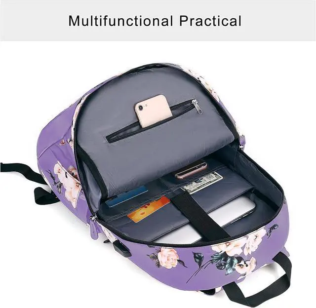 Alt view image 3 of 7 - MOSISO 15.6-16 inch Laptop Backpack for Women, Polyester Anti-Theft Stylish Casual Daypack Bag with Luggage Strap & USB Charging Port, Camellia Travel Backpack, Purple