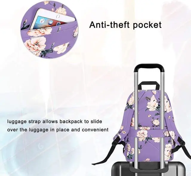Alt view image 4 of 7 - MOSISO 15.6-16 inch Laptop Backpack for Women, Polyester Anti-Theft Stylish Casual Daypack Bag with Luggage Strap & USB Charging Port, Camellia Travel Backpack, Purple