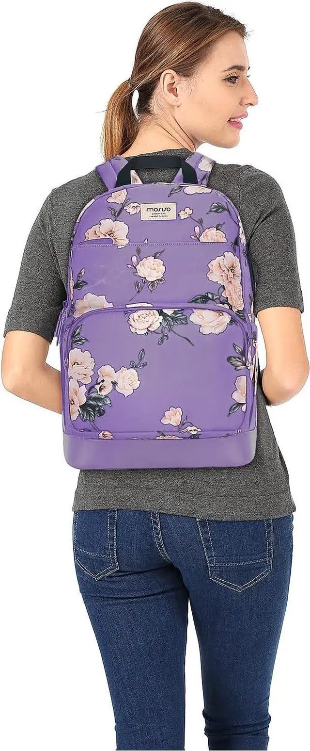 Alt view image 6 of 7 - MOSISO 15.6-16 inch Laptop Backpack for Women, Polyester Anti-Theft Stylish Casual Daypack Bag with Luggage Strap & USB Charging Port, Camellia Travel Backpack, Purple