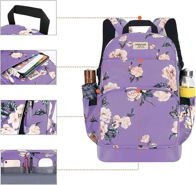 Alt view image 5 of 7 - MOSISO 15.6-16 inch Laptop Backpack for Women, Polyester Anti-Theft Stylish Casual Daypack Bag with Luggage Strap & USB Charging Port, Camellia Travel Backpack, Purple