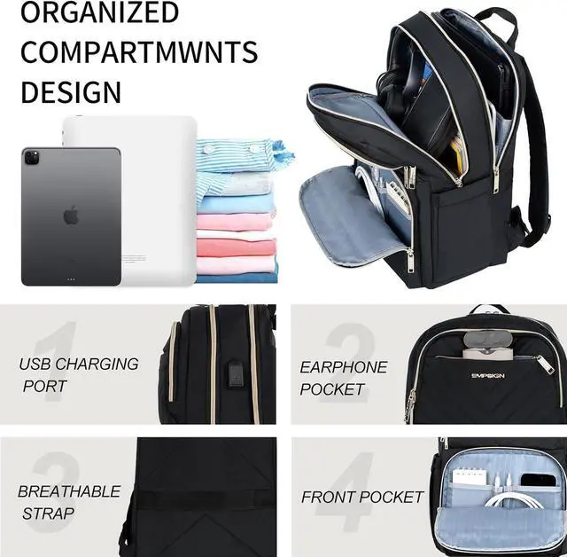 Alt view image 4 of 7 - EMPSIGN Laptop Backpack Purse for Women and Men with USB Charging Port, 15.6 Inch Travel Water Resistant Quilted Backpack, High-Capacity 30L Work Business Computer Backpack, Black