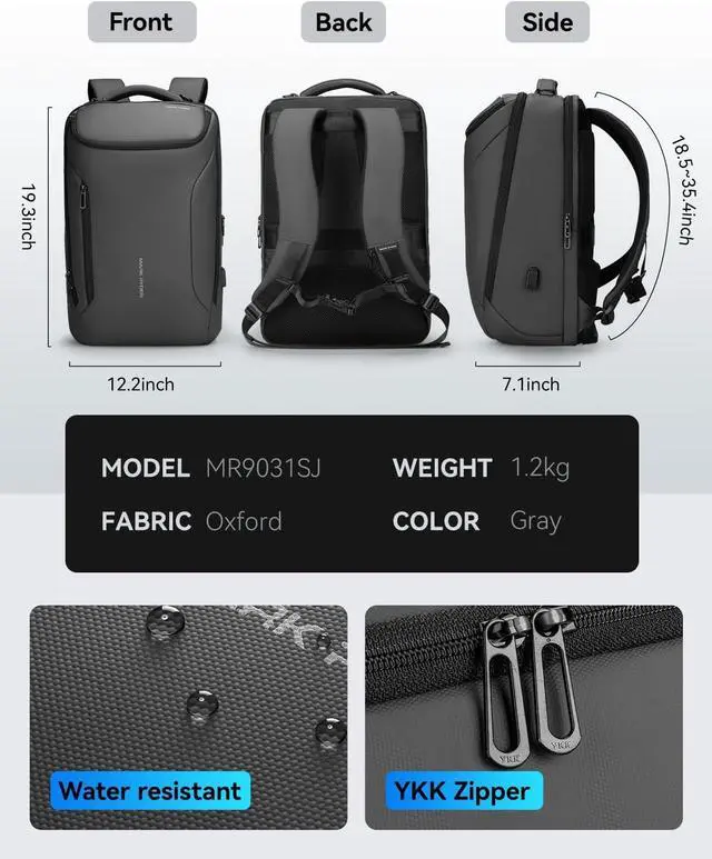 Alt view image 3 of 7 - Muzee Business Backpack for Men,Waterproof and Travel Laptop Backpack with USB Charging, Fits 17 Inch Laptop and Tech Gear
