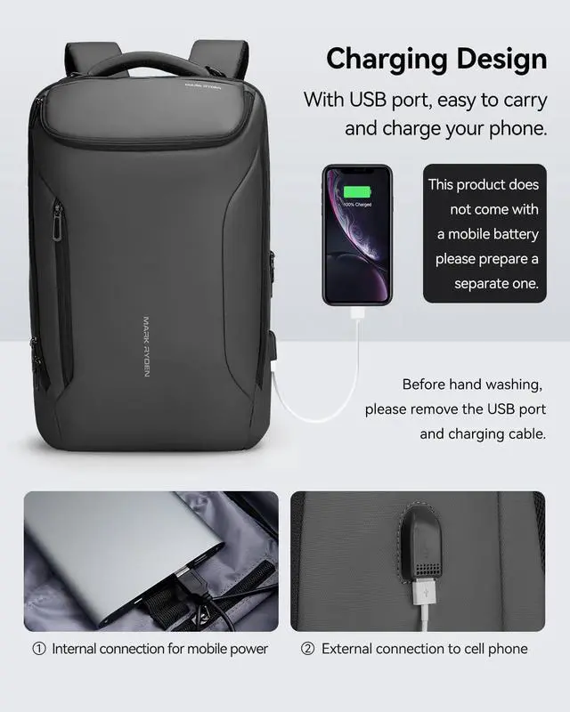 Alt view image 5 of 7 - Muzee Business Backpack for Men,Waterproof and Travel Laptop Backpack with USB Charging, Fits 17 Inch Laptop and Tech Gear