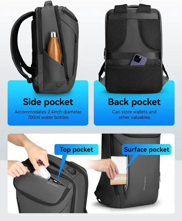 Alt view image 4 of 7 - Muzee Business Backpack for Men,Waterproof and Travel Laptop Backpack with USB Charging, Fits 17 Inch Laptop and Tech Gear