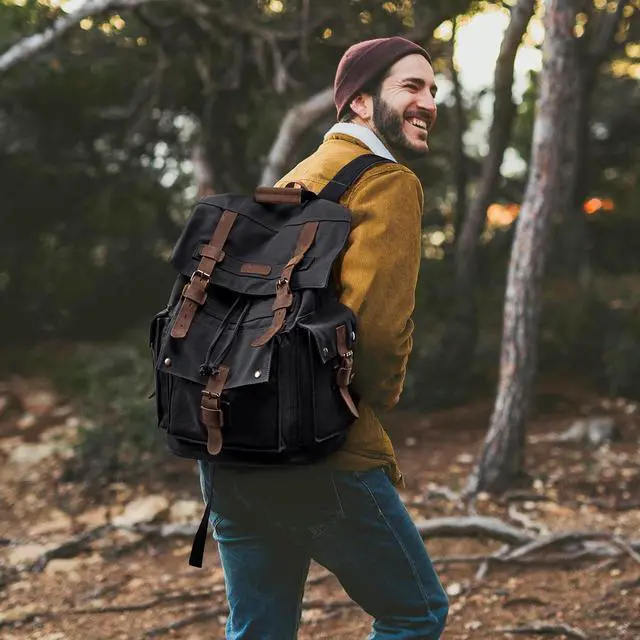 Alt view image 2 of 7 - Kattee Mens Leather Canvas Backpack Large School Bag Travel Rucksack Black