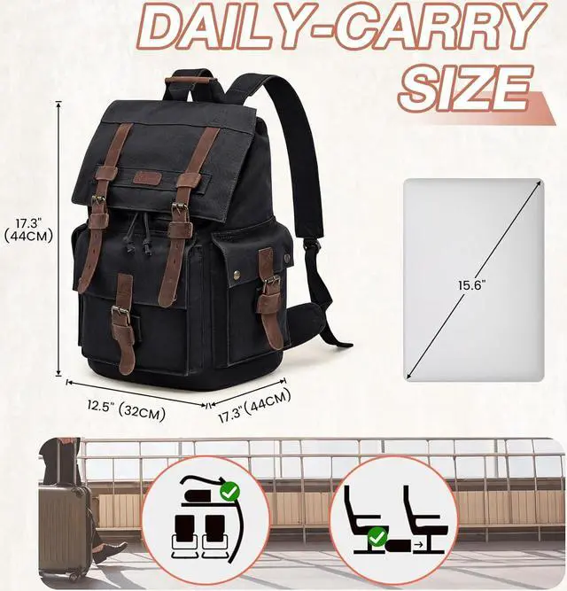 Alt view image 3 of 7 - Kattee Mens Leather Canvas Backpack Large School Bag Travel Rucksack Black