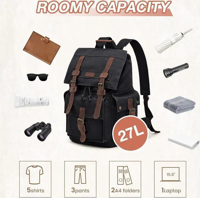 Alt view image 4 of 7 - Kattee Mens Leather Canvas Backpack Large School Bag Travel Rucksack Black