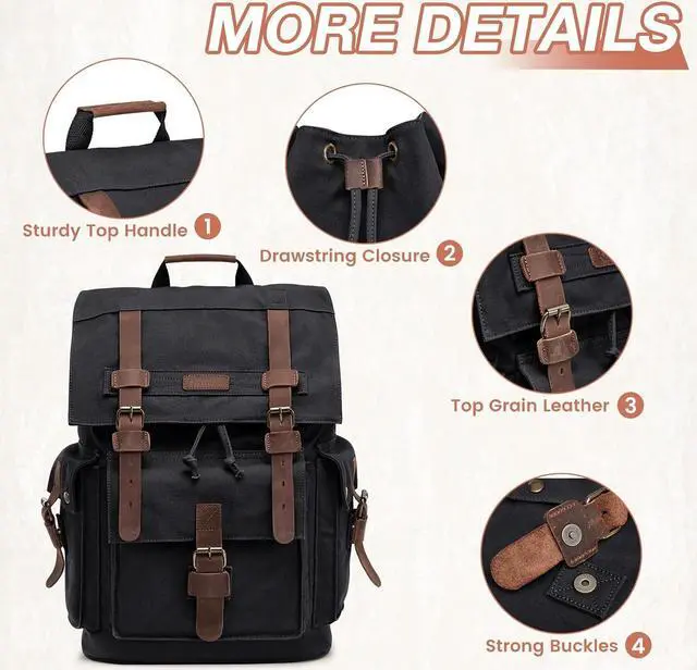 Alt view image 6 of 7 - Kattee Mens Leather Canvas Backpack Large School Bag Travel Rucksack Black