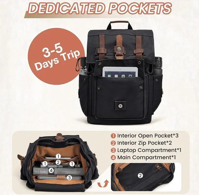 Alt view image 5 of 7 - Kattee Mens Leather Canvas Backpack Large School Bag Travel Rucksack Black